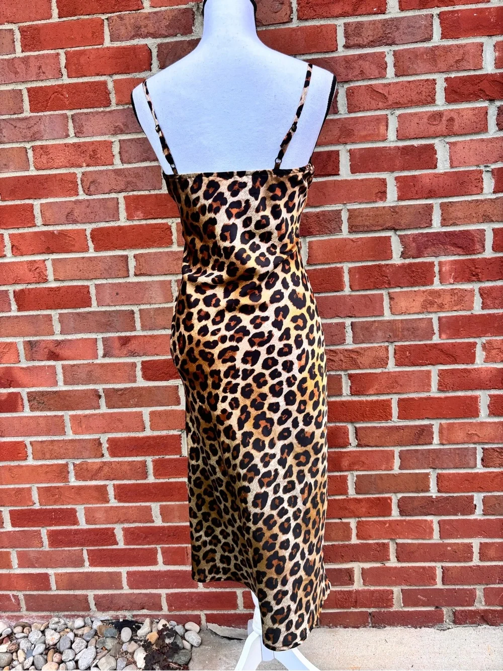 Leopard Print Satin Spaghetti Strap Midi Slip Dress  Lace Trim Womens Small